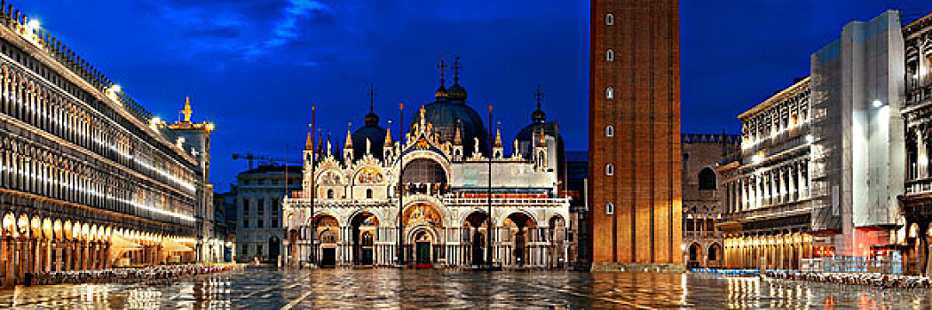 钟楼,教堂,夜晚,圣马可广场,威尼斯,意大利