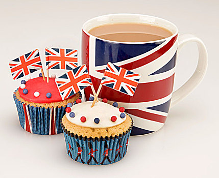 杯形蛋糕,装饰,英国国旗,旗帜,茶杯