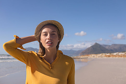 女人,戴着,帽子,站立,海滩