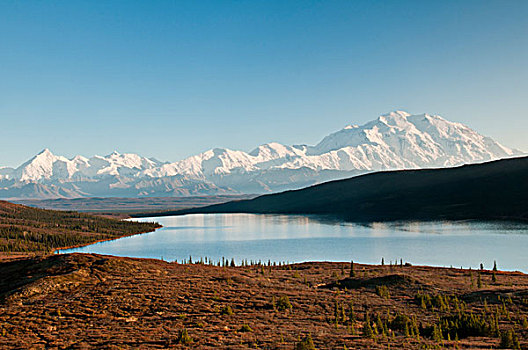 景色,旺湖,山,麦金利山,德纳里峰国家公园,保存,室内,阿拉斯加,秋天