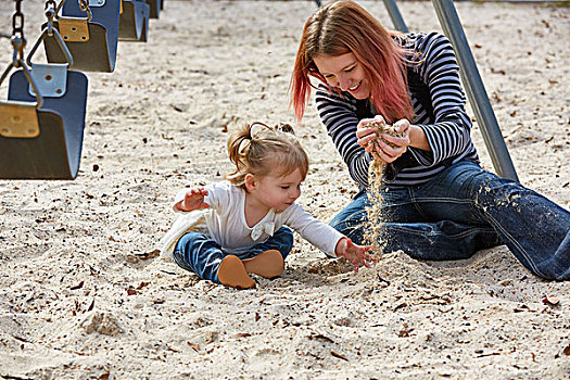 母女,玩,沙子,乐趣,公园,操场