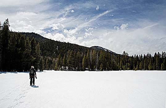 男青年,远足,雪中,太浩湖,加利福尼亚,美国