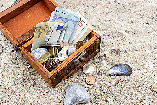 木盒,欧元钞票,硬币,沙子
