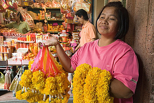 销售,花环,街上,靠近,庙宇,唐人街,泰国,一月,2007年