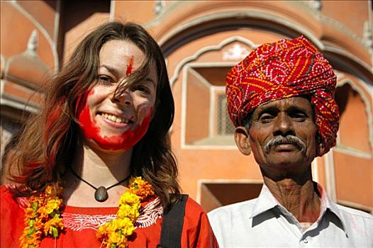 肖像,年轻,西部,女士,红色,脸,旁侧,穿,缠头巾,正面,风宫,斋浦尔,节日,拉贾斯坦邦,印度
