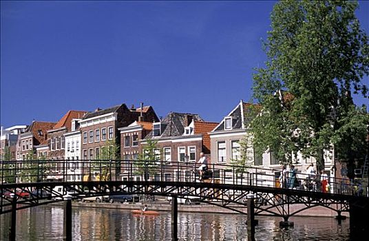 荷兰,骑车,行人,桥,建筑,背影