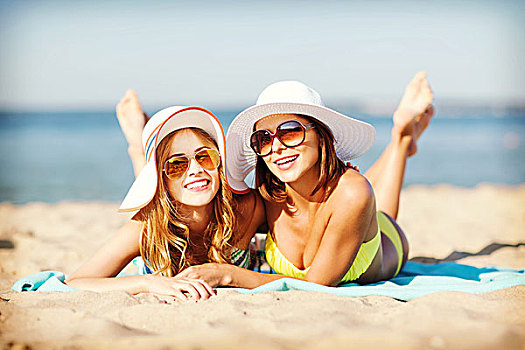 暑假,度假,女孩,比基尼,日光浴,海滩