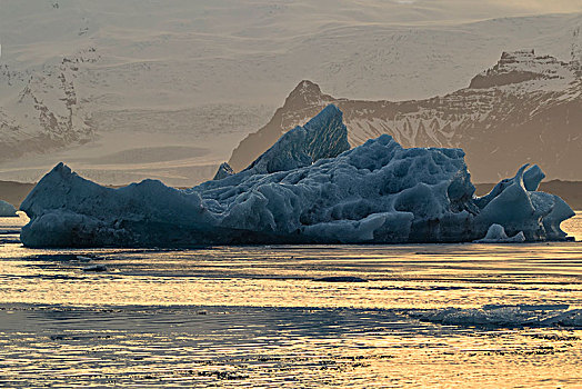 冰山,日落,杰古沙龙湖,冰河,泻湖,东方,冰岛,欧洲