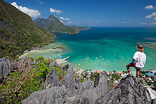 男人,石灰石,尖顶,俯视,海滨城镇,埃尔尼多,巴拉望岛,菲律宾