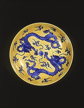 蓝色,黄色,龙,盘子,清朝,瓷器,世纪,艺术家,未知
