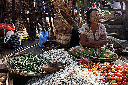 市场,菜市场,地方特色,女人,销售,蒜,西红柿,豆,曼德勒省,蒲甘,缅甸,亚洲