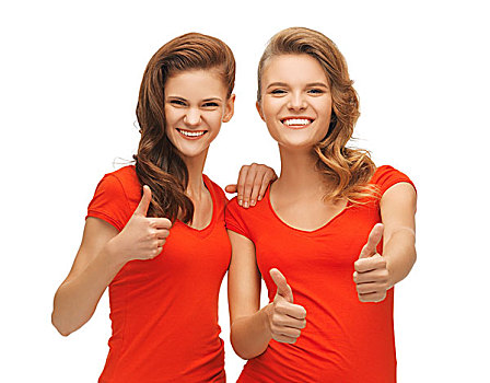 两个,少女,红色,t恤,展示,竖大拇指