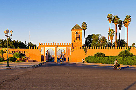 城墙,入口,晚上,马拉喀什,摩洛哥