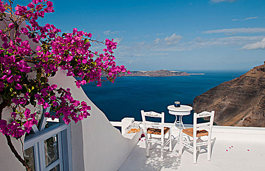 明信片,场景,两个,孤单,椅子,粉花,平台,桌子,就绪,旅游,锡拉岛,希腊,希腊群岛