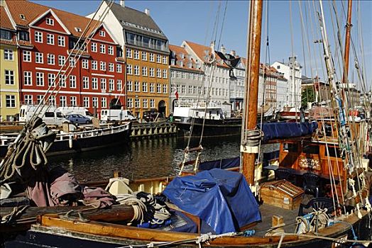 历史,船,正面,排,公寓,房子,纽哈温运河,哥本哈根,丹麦,斯堪的纳维亚,欧洲