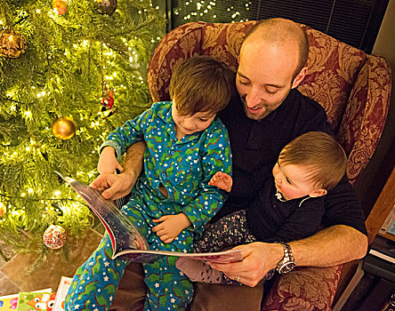 一个,男人,坐,扶手椅,读,书本,两个孩子,儿子,女儿,旁侧,圣诞树