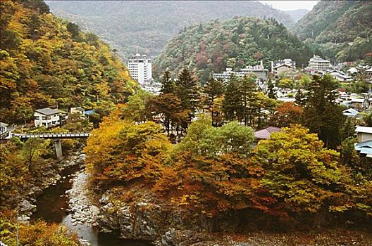 俯拍,桥,河流,温泉,枥木,日本