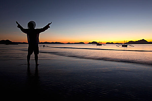一个,男人,海滩,日落,巴拉望岛,菲律宾