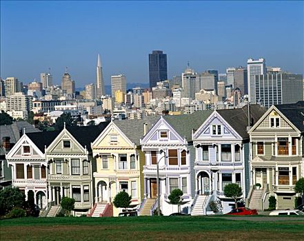 阿拉摩广场,房子,城市天际线,旧金山,加利福尼亚,美国