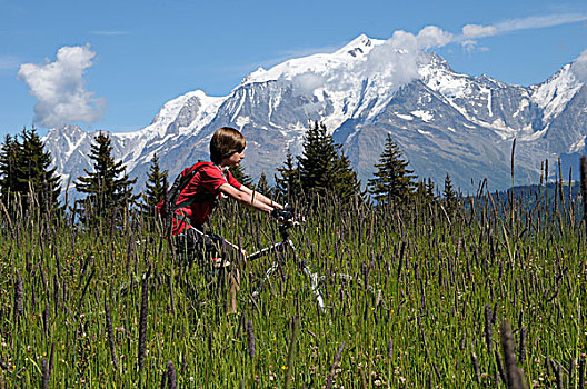 男孩,骑自行车,山峦,阿尔卑斯山,法国