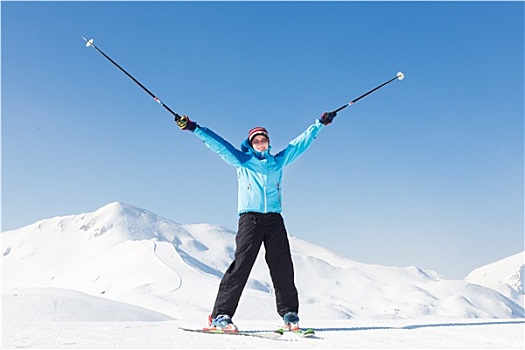 兴奋,女人,滑雪