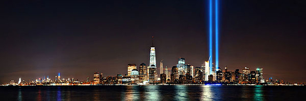 纽约,市区,天际线,夜晚,全景,上方,哈得逊河,911事件,亮光
