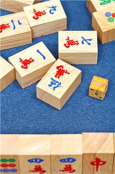 木质,砖瓦,麻将,游戏,蓝色背景,布,桌子