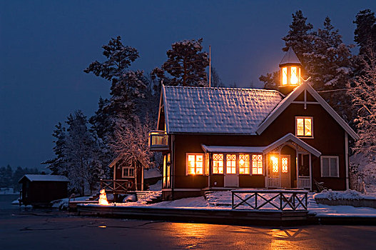 房子,冬天,暗色,瑞典