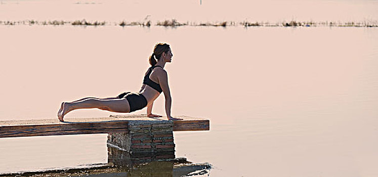 瑜珈,锻炼,训练,户外,湖,码头