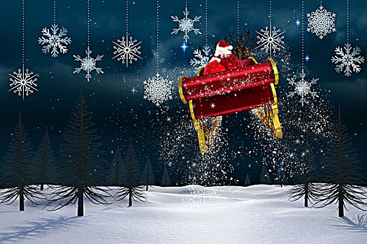 合成效果,图像,圣诞老人,飞,雪撬,雪花,悬挂,蓝色背景