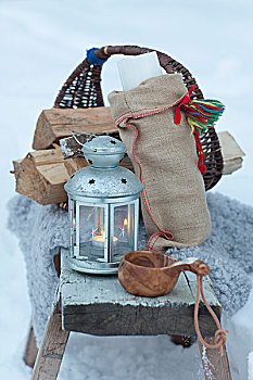 篮子,灯笼,木质,杯子,雪中