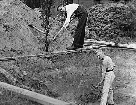两个男人,挖,洞,20世纪40年代,精准,地点,未知,德国,欧洲