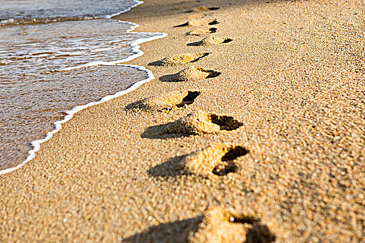 脚印,海滩,特写,苏梅岛,泰国