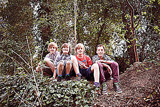 头像,四个男孩,坐,树林