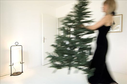 女人,圣诞树,客厅