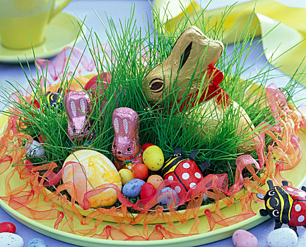 复活节礼筐,草,巧克力,兔子,复活节,糖豆,瓢虫