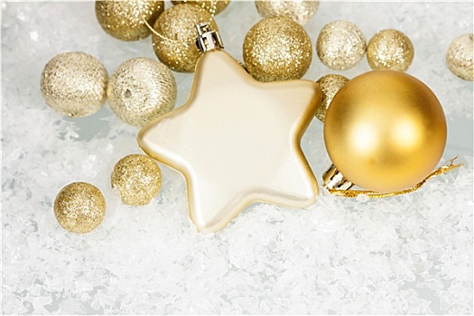 金色,圣诞节,彩球,星,冰,背景