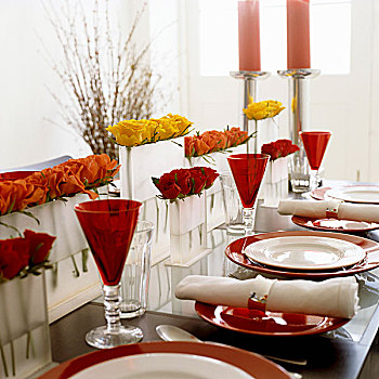 桌子,红色,白色,餐具摆放,色彩,茎,玻璃,玫瑰,花瓶