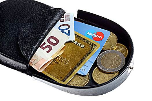 皮夹,多样,信用卡,银行卡,欧元,货币,欧元硬币