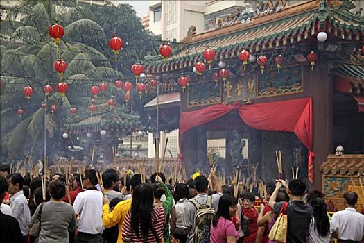 春节,典礼,熏香,正面,佛教,钳,帽子,庙宇,新加坡,亚洲