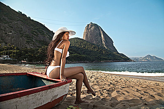 坐,女人,海滩,里约热内卢,巴西
