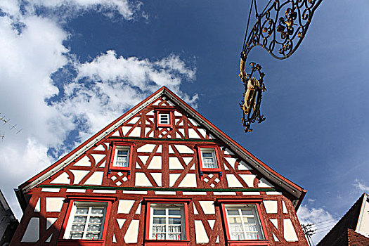 半木结构,房子,市场,街道,特写,巴登符腾堡,德国,欧洲