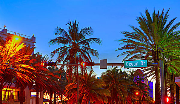 迈阿密海滩,南海滩,日落,海滨大道,标识,佛罗里达