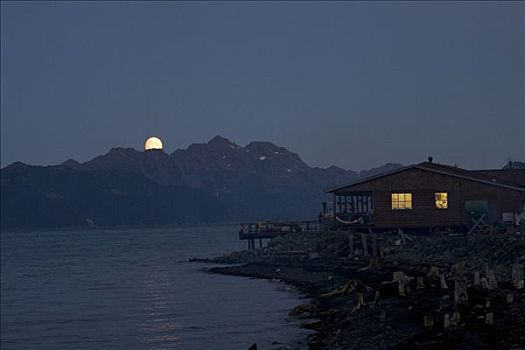 黎明,家,亮灯,人,捕鱼,月亮,上方,科奈山地,靠近,阿拉斯加