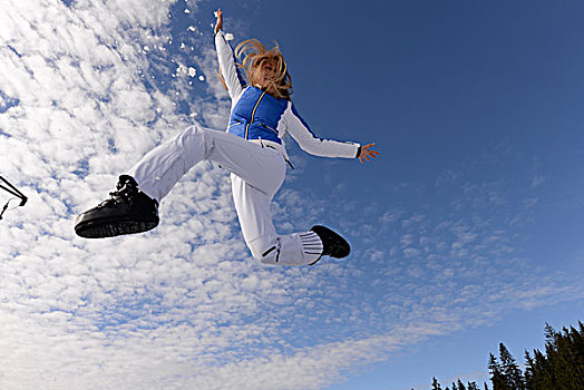 美女,自由式,滑雪,跳跃,半空,蓝天