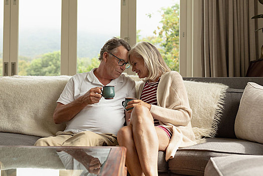 浪漫,活力老人,情侣,咖啡,沙发,舒适,家