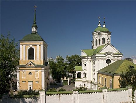 乌克兰,基辅,地区,教堂,防护,钟楼,绿色,屋顶,蓝天,2004年