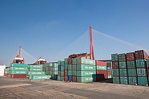 上海杨浦大桥下的集装箱货运码头