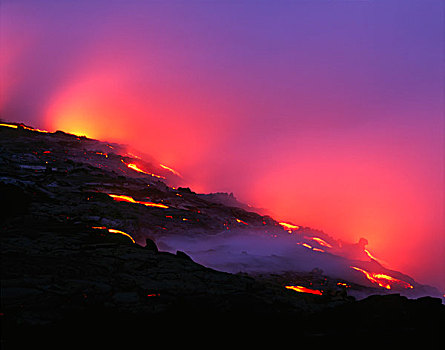 美国,夏威夷,夏威夷大岛,火山岩,进入,海洋,夜晚