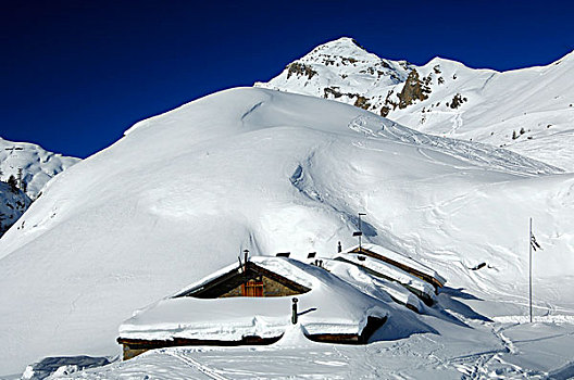 积雪,山,小屋,高山,凹,背影,瓦莱,瑞士,欧洲